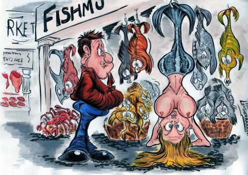 Cartoon: THE MERMAID AND THE FISHMONGER (medium) by Tim Leatherbarrow tagged mermaid,mermaids,sea,fairy,tales,stories,fish,fishmongers,tim,leatherbarrow,the
