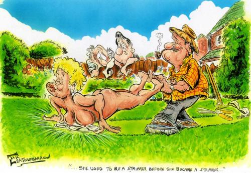 Cartoon: WAS A STRIPPER NOW A STRIMMER (medium) by Tim Leatherbarrow tagged stripper,strimmer,garden,grass,lawn,tassles,breasts
