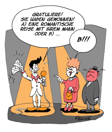 Cartoon: A oder B (medium) by FEICKE tagged paare,streit,quiz,gewinn,liebe,reise,moderator