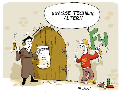 Cartoon: Anschlag der Thesen (medium) by FEICKE tagged reformation,500,jahre,martin,luther,kirche,thesen,graffity,jugend,reformation,500,jahre,martin,luther,kirche,thesen,graffity,jugend