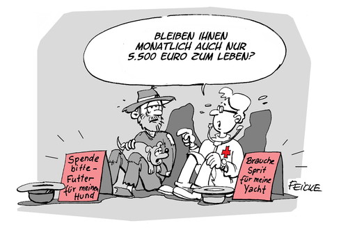 Cartoon: Armer Arzt (medium) by FEICKE tagged mediziner,medizin,bettler,arm,kassenärztliche,vereinigung,krankenkasse,arzt,streik,ärztestreik,kassenarzt,verdienst,lohnsteigerung,einkommen,zu,niedrig,verdienen,großverdiener,spezialist,hausarzt,facharzt,orthopäde