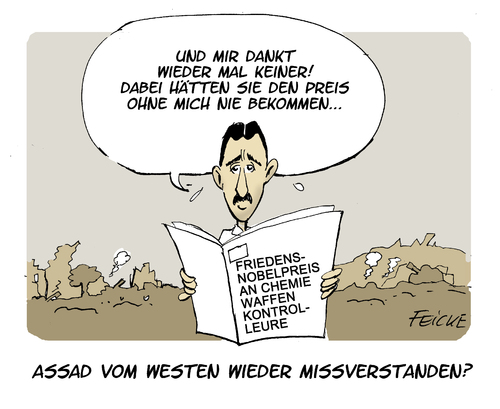 Cartoon: Assads Absichten (medium) by FEICKE tagged assad,syrien,bürgerkrieg,friedensnobelpreis,stockholm,chemiewaffen,kontrolleure,scheinheilig,assad,syrien,bürgerkrieg,friedensnobelpreis,stockholm,chemiewaffen,kontrolleure,scheinheilig