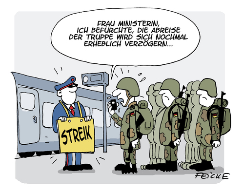 Cartoon: Auch das noch... (medium) by FEICKE tagged bundeswehr,syrien,kampf,einsatz,defekt,material,problem,verteidigung,ministerin,von,der,leyen,pannen,serie,bundesbahn,lokführer,streik,tarif,bundeswehr,syrien,kampf,einsatz,defekt,material,problem,verteidigung,ministerin,von,der,leyen,pannen,serie,bundesbahn,lokführer,streik,tarif