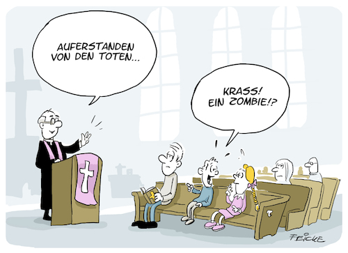 Cartoon: Auferstehung (medium) by FEICKE tagged kirche,religion,ostern,zombie,kind,auferstehung,glauben,medien,serie,kirche,religion,ostern,zombie,kind,auferstehung,glauben,medien,serie