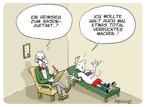 Cartoon: Auftaktsieg (medium) by FEICKE tagged hamburg,sportverein,sieg,bundesliga,psychologe,überraschung,risiko,hamburg,sportverein,sieg,bundesliga,psychologe,überraschung,risiko