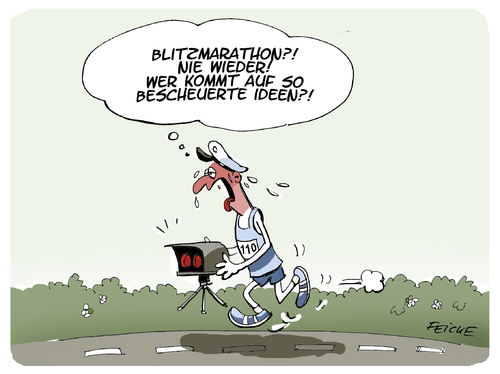 Cartoon: Blitzmarathon (medium) by FEICKE tagged polizei,verkehr,straße,kontrolle,blitz,marathon,sport,laufen,kilometer,polizei,verkehr,straße,kontrolle,blitz,marathon,sport,laufen,kilometer