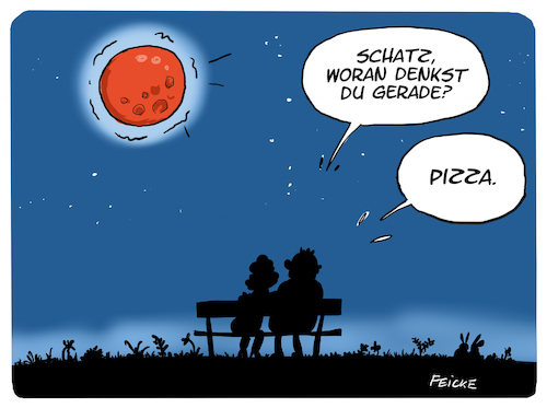 Cartoon: Blutmond (medium) by FEICKE tagged mond,phänomen,blutmond,blut,rot,romanze,romantisch,romantik,paar,liebe,essen,pizza,mond,phänomen,blutmond,blut,rot,romanze,romantisch,romantik,paar,liebe,essen,pizza