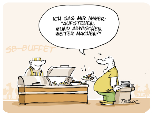 Cartoon: Buffet Kämpfertyp (medium) by FEICKE tagged diät,ernährung,buffet,essen,adipositas,gesundheit,kämpfer,zitat,fussball,diät,ernährung,buffet,essen,adipositas,gesundheit,kämpfer,zitat,fussball