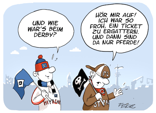 Cartoon: DERBY (medium) by FEICKE tagged fc,sankt,pauli,hamburg,flottbek,reiten,derby,sport,fussball,bundesliga,hsv,fc,sankt,pauli,hamburg,flottbek,reiten,derby,sport,fussball,bundesliga,hsv