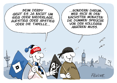 Cartoon: Derby HSV St Pauli 2019 (medium) by FEICKE tagged hamburg,fußball,fussball,bundesliga,st,pauli,hsv,sportverein,derby,lokal,rivale,kollegen,spott,hohn,hamburg,fußball,fussball,bundesliga,st,pauli,hsv,sportverein,derby,lokal,rivale,kollegen,spott,hohn