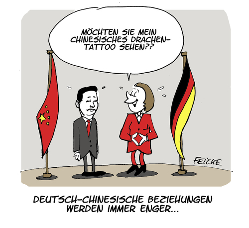 Cartoon: Drachengeweih? (medium) by FEICKE tagged merkel,xi,ping,besuch,china,deutschland,beziehungen,merkel,xi,ping,besuch,china,deutschland,beziehungen