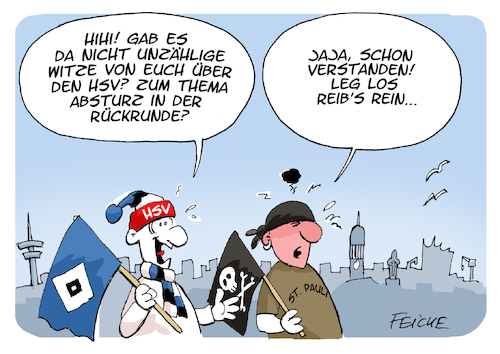 Cartoon: FC St Pauli Rückrunde (medium) by FEICKE tagged fc,sankt,st,pauli,fussball,fußball,rücknrunde,bundesliga,hannover,hsv,hamburg,sportverein,rivalität,derby,fc,sankt,st,pauli,fussball,fußball,rücknrunde,bundesliga,hannover,hsv,hamburg,sportverein,rivalität,derby