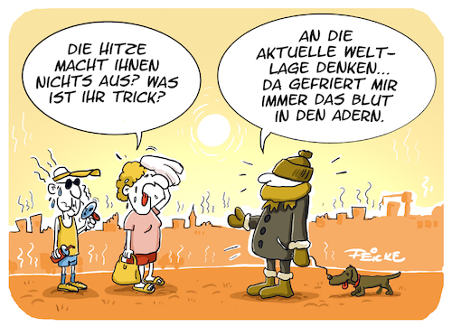 Cartoon: Frieren bei Hitze (medium) by FEICKE tagged hitze,sommer,klima,weltlage,politik,trump,putin,erdogan,gaza,ukraine,iran,hitze,sommer,klima,weltlage,politik,trump,putin,erdogan,gaza,ukraine,iran