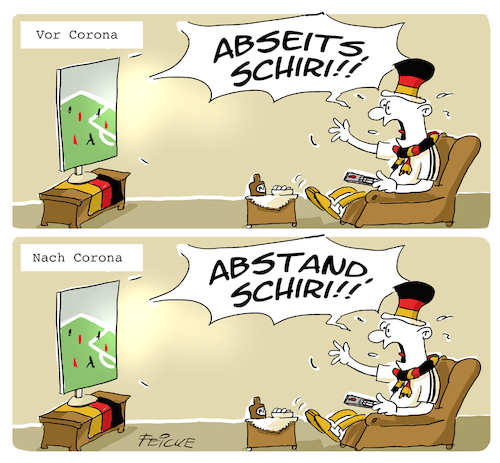 Cartoon: Fussball nach Corona (medium) by FEICKE tagged fussball,fan,corona,regeln,schiri,deutsche,elf,wm,em,sofa,fussball,fan,corona,regeln,schiri,deutsche,elf,wm,em,sofa