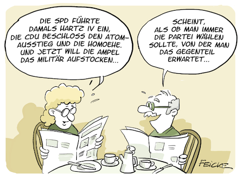 Cartoon: Gegenteil wählen (medium) by FEICKE tagged spd,cdu,grüne,partei,program,atom,ausstieg,hartz,iv,militär,wahl,gegenteil,spd,cdu,grüne,partei,program,atom,ausstieg,hartz,iv,militär,wahl,gegenteil