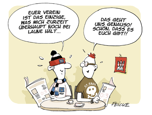 Cartoon: Geteilte Schadenfreude... (medium) by FEICKE tagged hamburg,fussball,bundesliga,dfb,hsv,hamburger,sportverein,fc,sankt,pauli,hamburg,fussball,bundesliga,dfb,hsv,hamburger,sportverein,fc,sankt,pauli