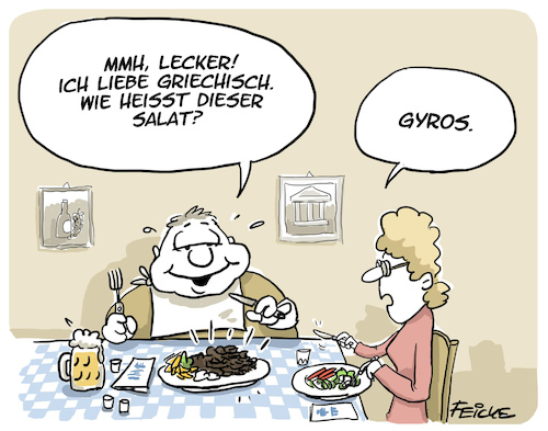 Cartoon: Griechischer Salat (medium) by FEICKE tagged grieche,diät,ernährung,salat,fleisch,gewicht,grieche,diät,ernährung,salat,fleisch,gewicht