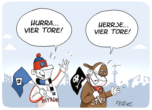 Cartoon: HSV FC St Pauli 4 Tore (medium) by FEICKE tagged hamburg,bundesliga,zwei,verein,hsv,sportverein,fc,sankt,pauli,fussball,fußball,hamburg,bundesliga,zwei,verein,hsv,sportverein,fc,sankt,pauli,fussball,fußball