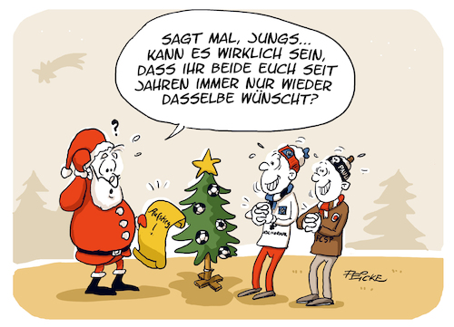 Cartoon: HSV FCSP Weihnachtswunsch (medium) by FEICKE tagged hamburg,derby,bundesliga,zwei,verein,hsv,sportverein,fc,sankt,pauli,fussball,fußball,hamburg,derby,bundesliga,zwei,verein,hsv,sportverein,fc,sankt,pauli,fussball,fußball