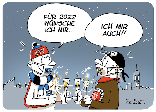 Cartoon: HSV St Pauli Neujahrswunsch (medium) by FEICKE tagged hsv,hamburg,sportverein,fc,st,sankt,pauli,aufstieg,fan,bundesliga,zwei,fussball,fußball,hsv,hamburg,sportverein,fc,st,sankt,pauli,aufstieg,fan,bundesliga,zwei,fussball,fußball