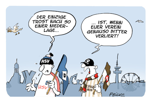 Cartoon: HSV und Sankt Paulis Trost (medium) by FEICKE tagged hamburg,derby,hsv,sportverein,fußball,fussball,bundesliga,fc,sankt,pauli,niederlage,trost,hamburg,derby,hsv,sportverein,fußball,fussball,bundesliga,fc,sankt,pauli,niederlage,trost