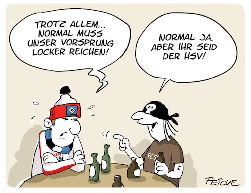 Cartoon: HSV Vorsprung (medium) by FEICKE tagged hamburg,bundesliga,zwei,verein,hsv,sportverein,fc,sankt,pauli,fussball,fußball,hamburg,bundesliga,zwei,verein,hsv,sportverein,fc,sankt,pauli,fussball,fußball