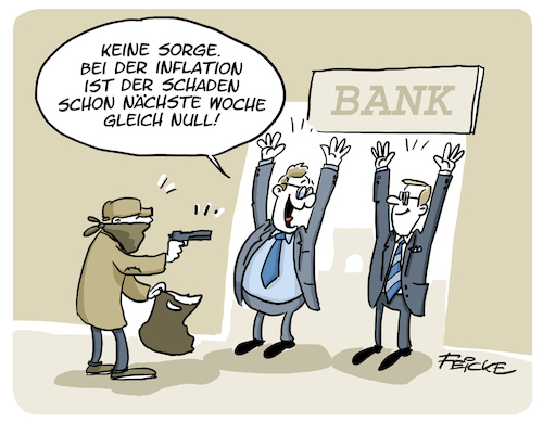 Cartoon: Inflation Banküberfall (medium) by FEICKE tagged bank,überfall,verbrechen,inflation,krise,preis,wertverlust,schaden,bank,überfall,verbrechen,inflation,krise,preis,wertverlust,schaden