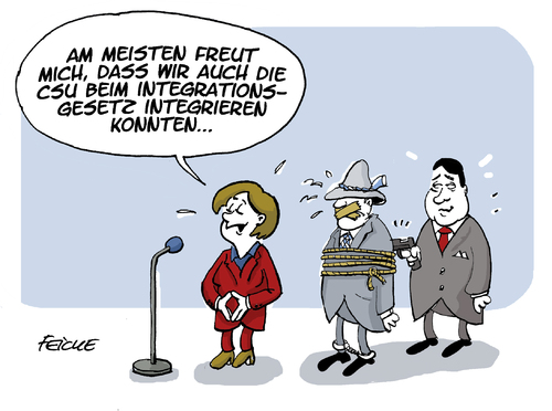 Cartoon: Integrationsgesetz (medium) by FEICKE tagged merkel,cdu,gabriel,spd,seehofer,csu,koalition,gesetz,integration,streit,merkel,cdu,gabriel,spd,seehofer,csu,koalition,gesetz,integration,streit