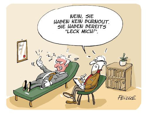 Cartoon: Kein Burnout (medium) by FEICKE tagged burnout,frust,psychiater,therapie,beruf,stress,aggression,burnout,frust,psychiater,therapie,beruf,stress,aggression