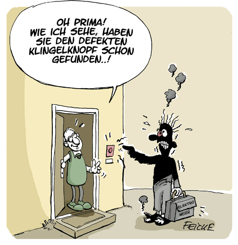 Cartoon: Klingelknopf (medium) by FEICKE tagged heimwerker,handwerk,elektriker,reparatur,haus,eigentum,defekt,strom,elektrik,heimwerker,handwerk,elektriker,reparatur,haus,eigentum,defekt,strom,elektrik