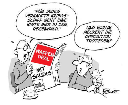 Cartoon: Kriegsschiffe nach Saudi Arabien (medium) by FEICKE tagged cdu,regierung,waffengeschäft,waffen,saudi,arabien,grüne,oppostition,kritik,saudis,nahost,konflikt,cdu,regierung,waffengeschäft,waffen,saudi,arabien,grüne,oppostition,kritik,saudis,nahost,konflikt