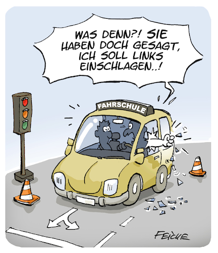 Cartoon: Links einschlagen (medium) by FEICKE tagged auto,fahrschule,begriff,wortspiel,unfall,verkehr,auto,fahrschule,begriff,wortspiel,unfall,verkehr