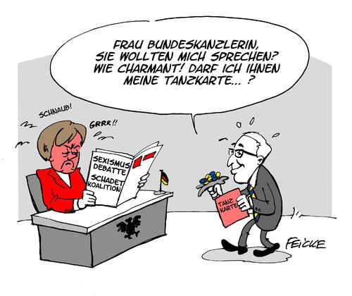 Cartoon: Merkel bittet zum Tanz (medium) by FEICKE tagged tanzkarte,koalition,cdu,fdp,debatte,sexismus,brüderle,merkel,merkel,brüderle,sexismus,debatte,fdp,cdu,koalition,tanzkarte