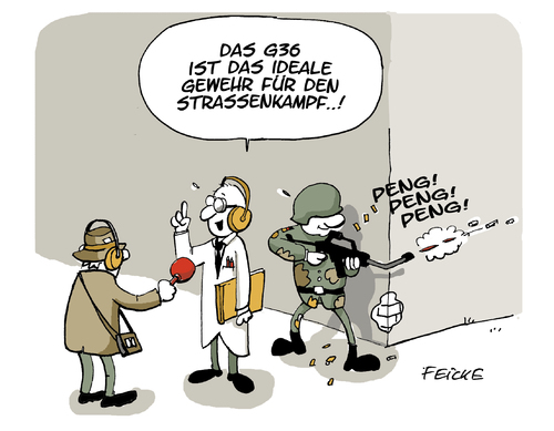 Cartoon: Peng! Peng! (medium) by FEICKE tagged 36,heckler,und,koch,bundeswehr,gewehr,verteidigung,partisan,rebell,sturmgewehr,defekt,peng,36,heckler,und,koch,bundeswehr,gewehr,verteidigung,partisan,rebell,sturmgewehr,defekt