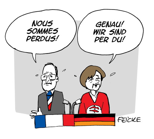 Cartoon: Per du (medium) by FEICKE tagged deutschland,frankreich,50,jahre,deutsch,französische,freundschaft,elyseevertrag,fest,merkel,hollande,deutschland,frankreich,50,jahre,deutsch,französische,freundschaft,elyseevertrag,fest,merkel,hollande