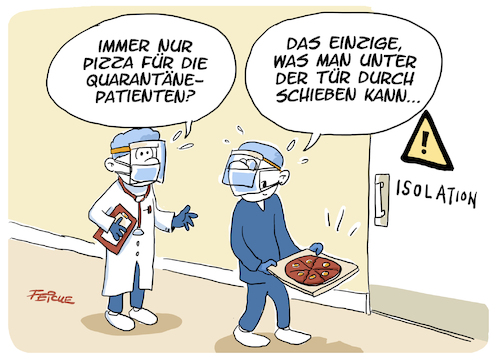 Cartoon: Pizza und Quarantäne (medium) by FEICKE tagged intensiv,pandemie,corona,isolation,schutz,pizza,gesundheit,arzt,intensiv,pandemie,corona,isolation,schutz,pizza,gesundheit,arzt