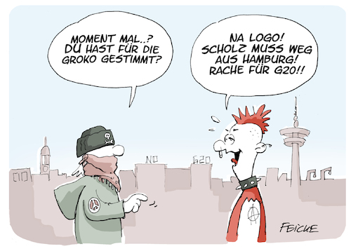 Cartoon: Scholz muss weg (medium) by FEICKE tagged hamburg,bürgermeister,scholz,olaf,spd,g20,randale,berlin,groko,große,koalition,cdu,merkel,hamburg,bürgermeister,scholz,olaf,spd,g20,randale,berlin,groko,große,koalition,cdu,merkel