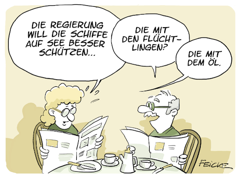 Cartoon: Schutzmission (medium) by FEICKE tagged see,meer,seenot,flüchtlinge,öl,öltanker,regierung,großbritannien,europa,deutschland,marine,militär,flucht,iran,konflikt,hormus,gibraltar,see,meer,seenot,flüchtlinge,öl,öltanker,regierung,großbritannien,europa,deutschland,marine,militär,flucht,iran,konflikt,hormus,gibraltar