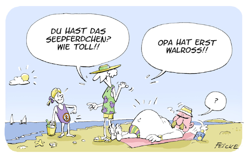 Cartoon: Seepferdchen (medium) by FEICKE tagged seepferdchen,schwimmen,abzeichen,dick,ehe,rentner,opa,oma,baden,urlaub,strand,seepferdchen,schwimmen,abzeichen,dick,ehe,rentner,opa,oma,baden,urlaub,strand