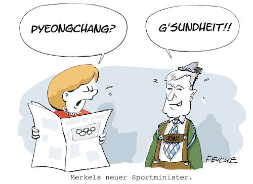 Cartoon: Sportminister (medium) by FEICKE tagged merkel,seehofer,cdu,csu,groko,minister,bundesminister,sport,olympia,korea,südkorea,merkel,seehofer,cdu,csu,groko,minister,bundesminister,sport,olympia,korea,südkorea