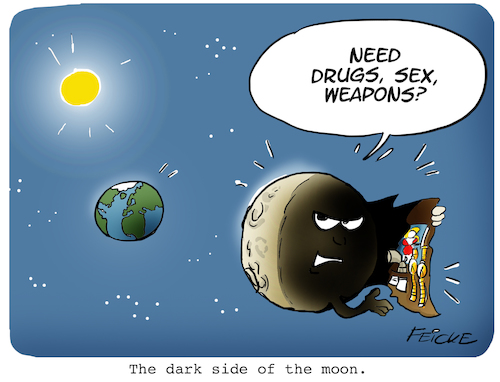 Cartoon: The dark side of the moon (medium) by FEICKE tagged moon,sun,earth,planet,dark,side,heaven,sky,the,moon,sun,earth,planet,dark,side,heaven,sky