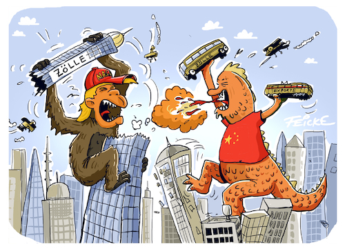 Cartoon: Trump Kong vs Li Zilla (medium) by FEICKE tagged trump,handelspolitik,handel,usa,zölle,great,again,china,li,export,wirtschaft,trump,handelspolitik,handel,usa,zölle,great,again,china,li,export,wirtschaft