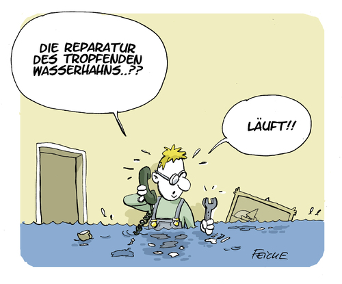 Cartoon: Wasserhahn tropft (medium) by FEICKE tagged heimwerker,reparatur,technik,handwerk,klempner,wasser,rohr,heimwerker,reparatur,technik,handwerk,klempner,wasser,rohr