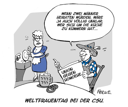 Cartoon: Weltfrauentag bei der CSU (medium) by FEICKE tagged homoehe,cdu,csu,union,merkel,seehofer,ablehnung,gleichstellung,gleichgeschlechtlich,schwul,lesbisch,lebenspartner,reaktionär,weltbild,kirche,küche,kinder,weltfrauentag,emanzipation,homoehe,cdu,csu,union,merkel,seehofer,ablehnung,gleichstellung,gleichgeschlechtlich,schwul,lesbisch,lebenspartner,reaktionär,weltbild,kirche,küche,kinder,weltfrauentag,emanzipation