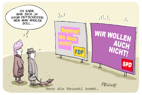 Cartoon: Wenn die Neuwahl kommt (medium) by FEICKE tagged wahl,bundestag,krise,wähler,neuwahl,spd,jamaika,nomaika,fdp,wahl,bundestag,krise,wähler,neuwahl,spd,jamaika,nomaika,fdp