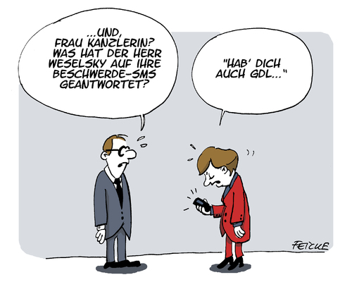 Cartoon: Weselsky SMS (medium) by FEICKE tagged deutsche,bahn,streik,lokführer,merkel,handy,telefon,dobrindt,verkehr,weselsky,sms,short,message,gdl,deutsche,bahn,streik,lokführer,merkel,handy,telefon,dobrindt,verkehr,weselsky,sms,short,message,gdl