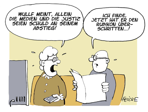 Cartoon: Wulff schon wieder... (medium) by FEICKE tagged bundespräsident,christian,wulff,skandal,rücktritt,medien,justiz,schelte,rubikon,cartoon,feicke,bundespräsident,christian,wulff,skandal,rücktritt,medien,justiz,schelte,rubikon,cartoon,feicke