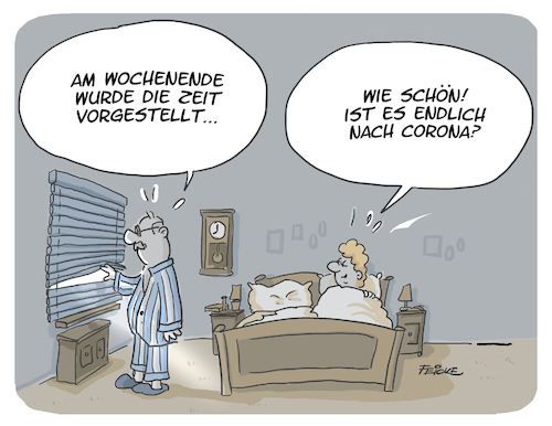 Cartoon: Zeitumstellung Corona (medium) by FEICKE tagged corona,pandemie,lockdown,zeitumstellung,corona,pandemie,lockdown,zeitumstellung