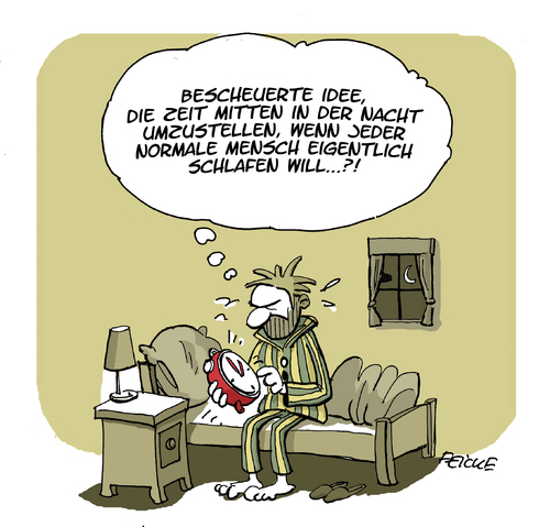 Cartoon: Zeitumstellung nachts (medium) by FEICKE tagged zeit,uhr,zeitumstellung,sommerzeit,winterzeit,idee,feicke,zeit,uhr,zeitumstellung,sommerzeit,winterzeit,idee,feicke