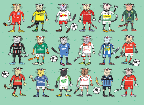 Cartoon: Bundesliga (medium) by Sergei Belozerov tagged cat,football,fussball,katze,bundesliga,bayern,borussia,leipzig,bayer,wolfsburg,eintracht,werder,hoffenheim,fortuna,hertha,mainz,freiburg,schalke,augsburg,koeln,paderborb,union,ball,meisterschaft